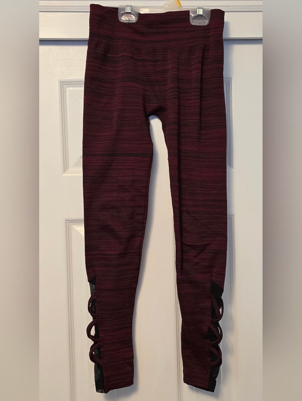 Women's Burgundy Striped Leggings with Lace-Up Hem